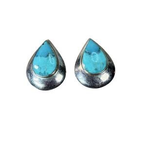 Vintage Sterling Silver 925 Turquoise Teardrop Clip-On Earrings